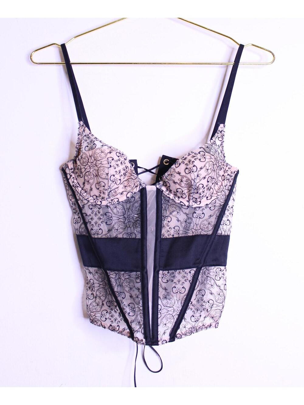 VS Nude Black Floral Lace Mesh Full Corset - 32B
